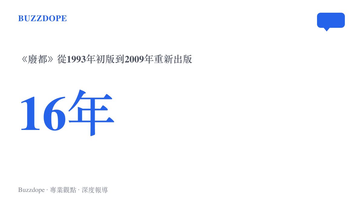 統計圖卡呈現《廢都》從1993年初版到2009年重新出版，中間相隔十六年的時間跨度
