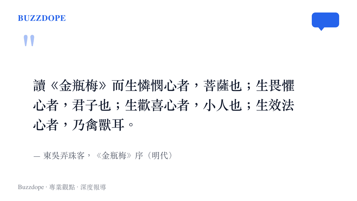 引言圖卡呈現明代東吳弄珠客為《金瓶梅》所作序文，大意是讀此書生憐憫心者為菩薩，生歡喜心者為小人，生效法心者乃禽獸