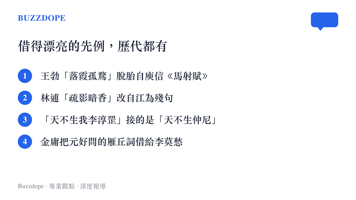 清單列出歷代詩詞借句的四個著名例子：王勃化用庾信、林逋改江為殘句、李淳罡名句的出處，以及金庸借用元好問的雁丘詞