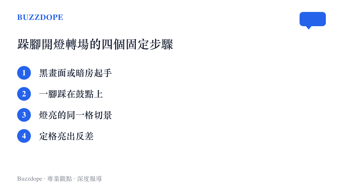 跺腳開燈轉場的四個固定步驟：黑畫面起手、一腳踩在鼓點上、燈亮的同一格切景、定格亮出反差