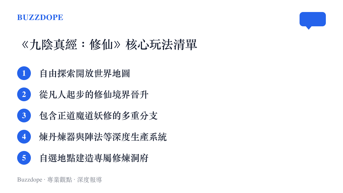 列出九陰真經修仙遊戲包含地圖探索境界突破多重分支生產系統與洞府建造等五項核心玩法