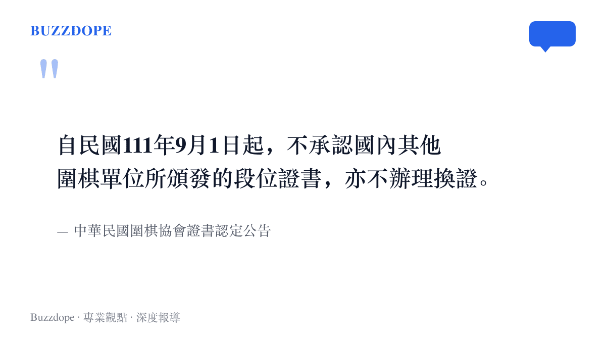 中華民國圍棋協會公告自民國111年9月1日起不承認國內其他圍棋單位段位證書且不辦理換證的規定