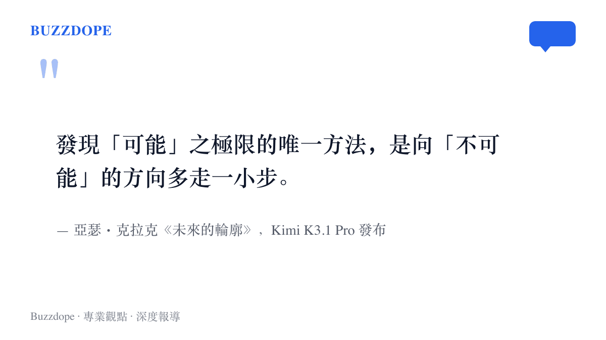引言圖卡呈現克拉克《未來的輪廓》的名句，關於向不可能的方向多走一小步才能發現可能的極限，並標註此句被 Kimi K3.1 Pro 發布說明用作開場
