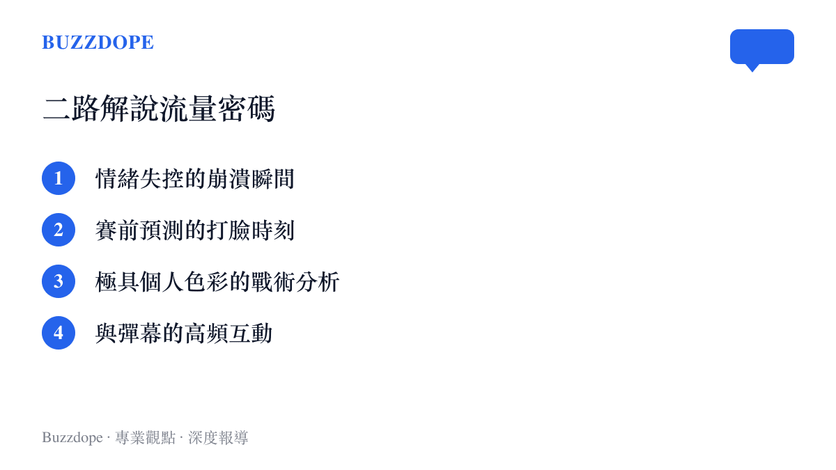圖卡列出吸引電競觀眾觀看二路解說的幾個關鍵娛樂要素。