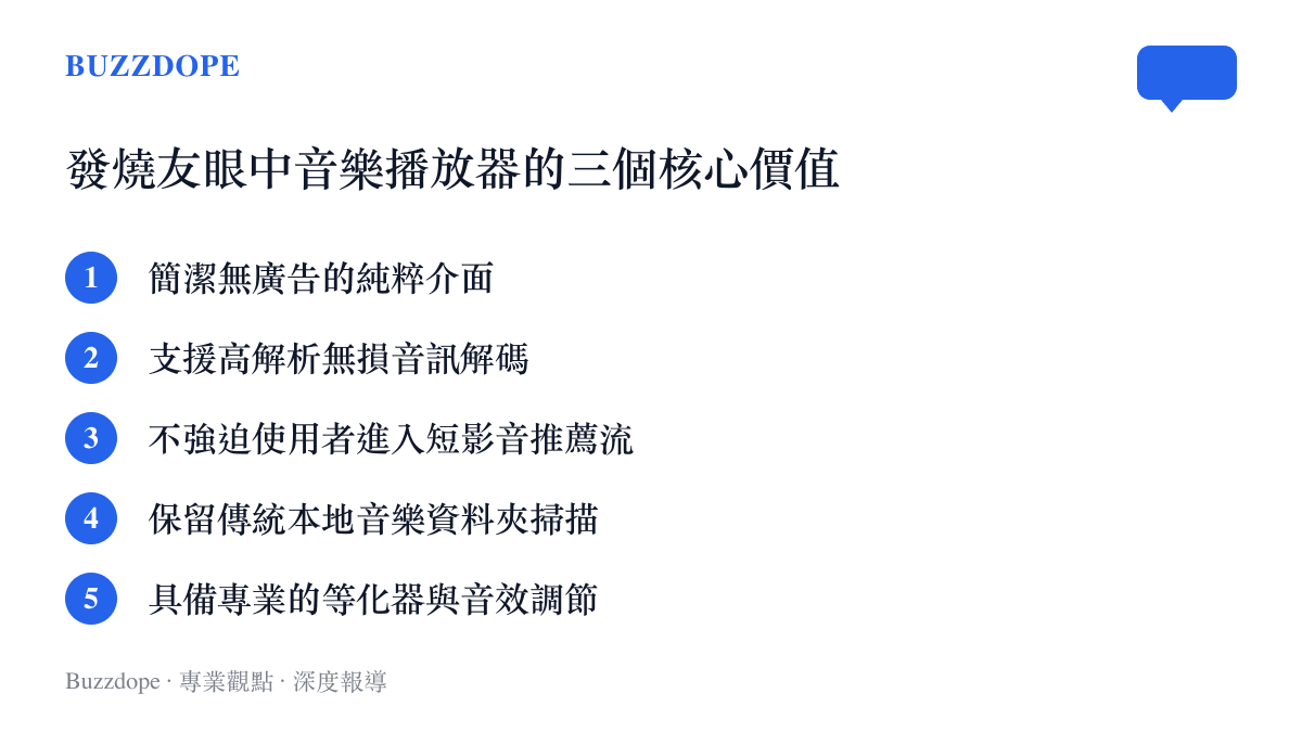 列出發燒友評估音樂播放器軟體時最看重的五項核心功能與價值標準