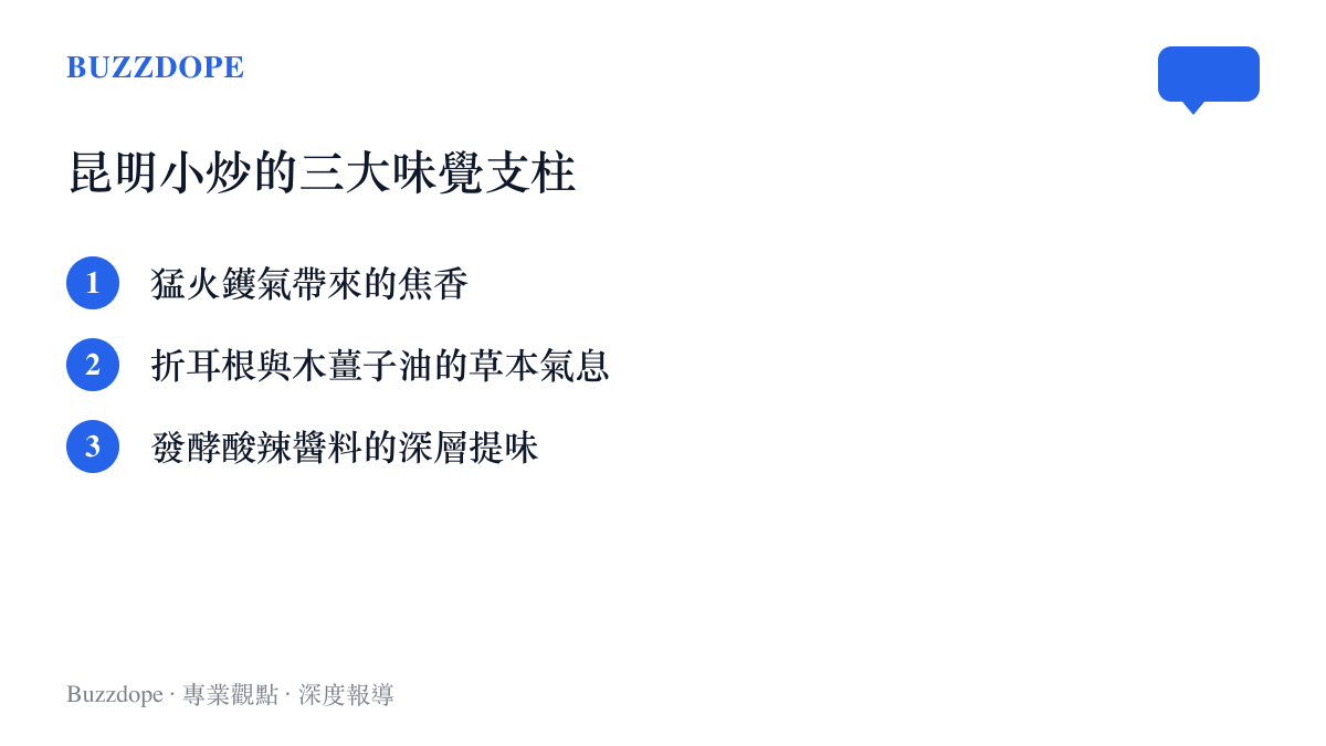 清單圖卡列出構成昆明小炒獨特風味的三個核心要素，包含猛火鑊氣、特殊香草以及發酵醬料