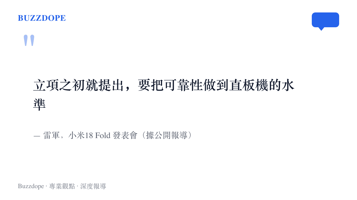 引言圖卡呈現雷軍在發表會上說明小米18 Fold立項時設下的目標，要把摺疊機的可靠性拉到與直板機相同的水準