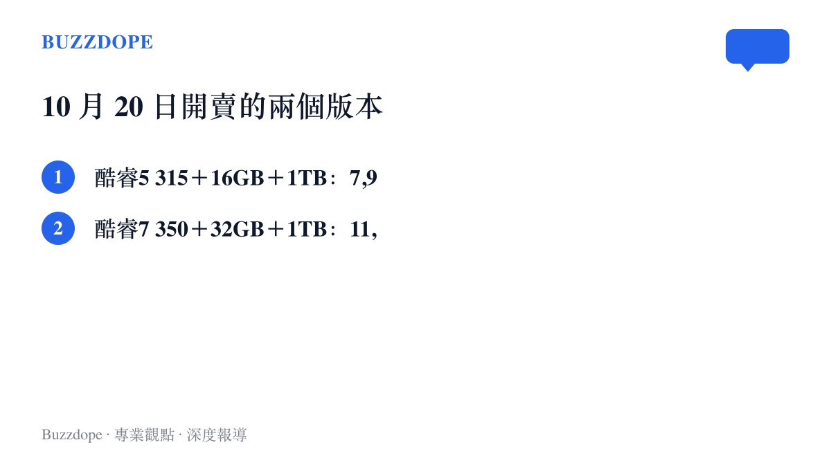 清單圖列出 ThinkBook X AI 2027 於 10 月 20 日開賣的兩種規格與售價，酷睿5 315 搭配 16GB 記憶體與 1TB 儲存為 7,999 元，酷睿7 350 搭配 32GB 與 1TB 為 11,999 元