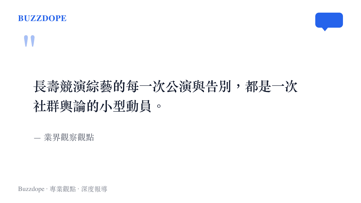 引述業界觀點說明長壽競演綜藝中公演與告別環節會動員社群輿論的圖卡