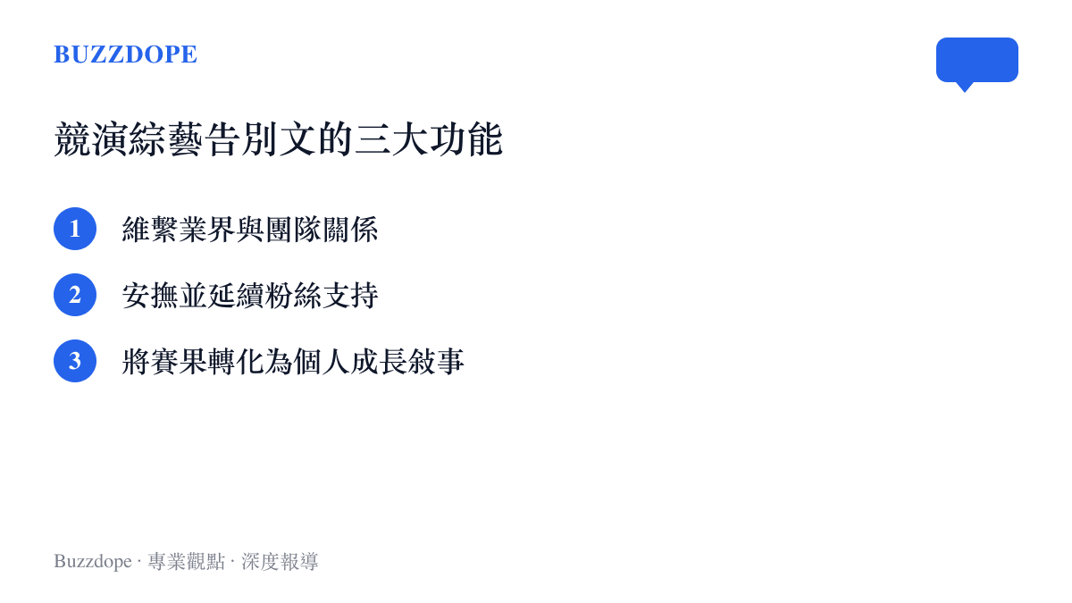 列出競演綜藝選手離場發文常見功能的條列圖卡，包含業界關係、粉絲情緒與個人敘事三項
