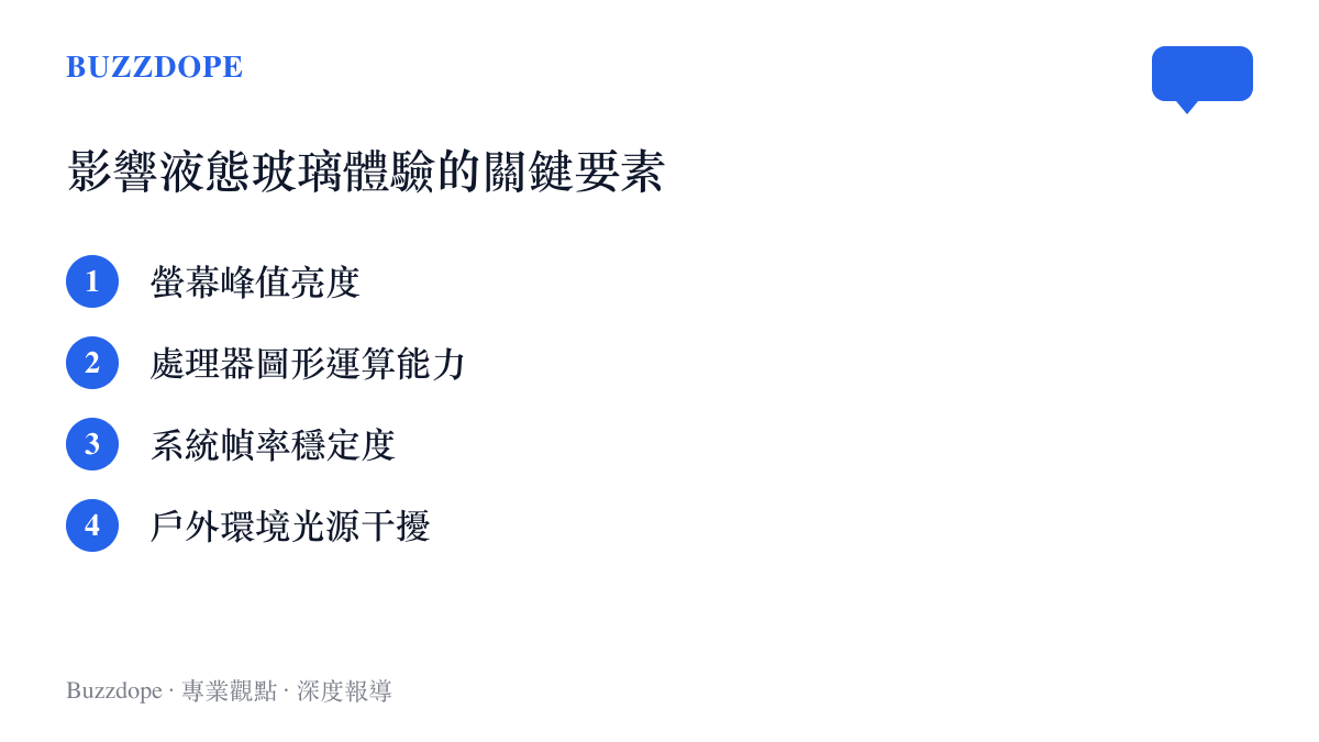 列出影響手機液態玻璃介面使用者體驗的四個主要硬體與環境因素