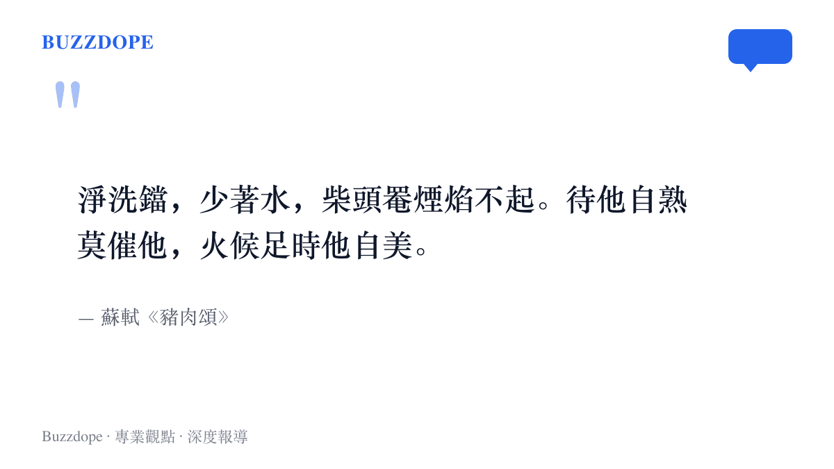 引言圖卡呈現蘇軾豬肉頌裡慢火少水、待肉自熟的燒肉心法原文