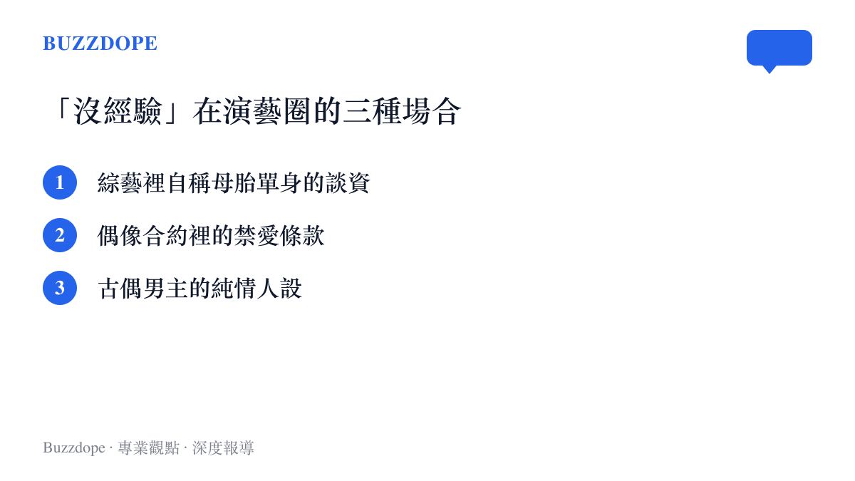 清單圖卡列舉「沒經驗」說法在演藝圈出現的三種場合：綜藝節目的母胎單身談資、偶像團體合約的禁愛條款，以及古裝偶像劇男主角的純情人設