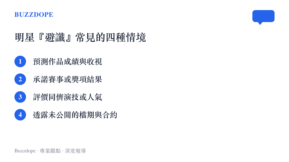 整理明星避讖常見的四種情境清單：預測作品成績、承諾賽果、評價同儕、透露檔期合約