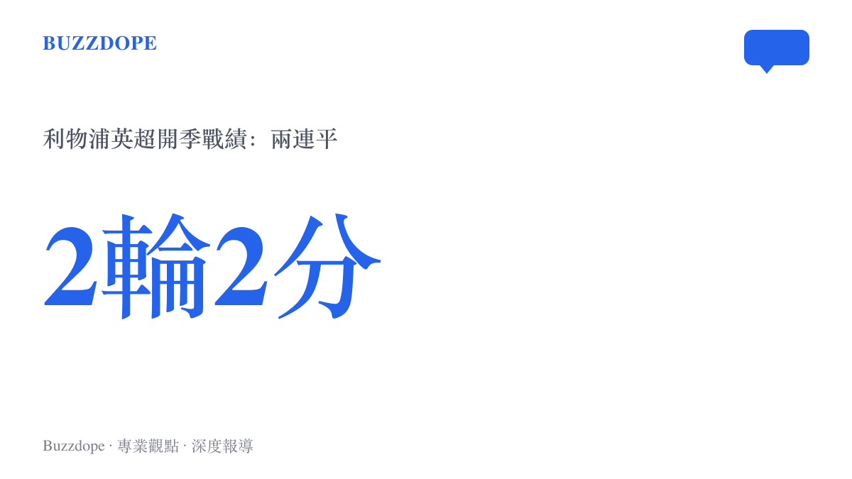 統計圖卡呈現利物浦英超開季兩輪皆踢成和局、僅累積2分的積分數字