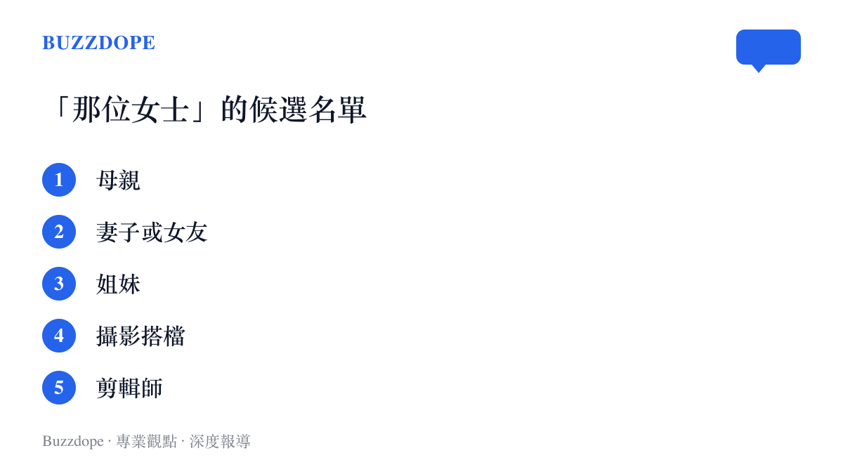 清單圖卡列出這類詞條下網友猜測「那位女士」的五種常見身分：母親、妻子或女友、姐妹、攝影搭檔與剪輯師