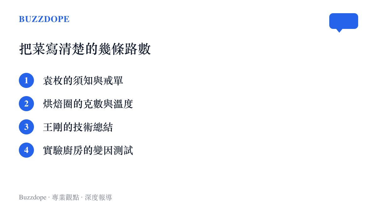 圖中整理四種把菜譜寫得嚴謹的做法：袁枚的須知與戒單、烘焙圈的克數與溫度、王剛的技術總結、實驗廚房的變因測試