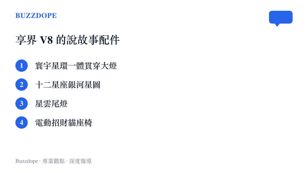 清單圖卡列出享界 V8 的四項特色：寰宇星環一體貫穿大燈、內藏十二星座的銀河星圖、星雲尾燈與會自動翻扶手的電動招財貓座椅