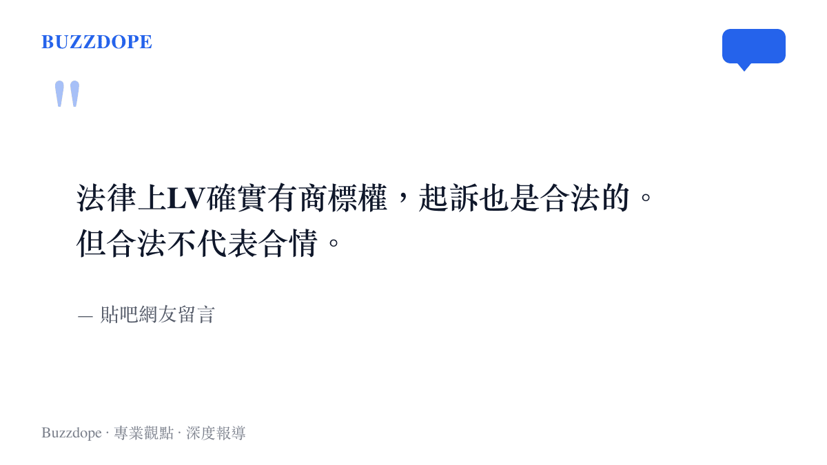 引言圖卡呈現貼吧網友的評語，指LV依法擁有商標權與起訴權利，但合法並不等於合情