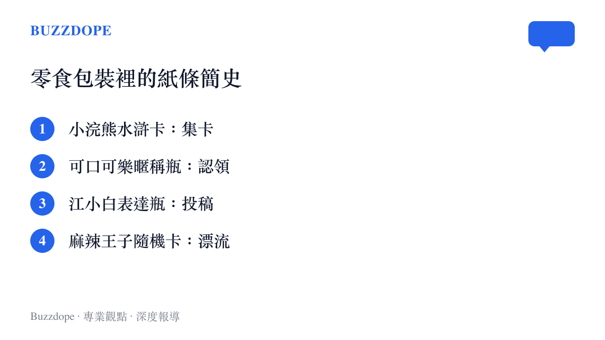 清單圖列出零食包裝附紙條行銷的四個階段，從小浣熊水滸卡、可口可樂暱稱瓶、江小白表達瓶到麻辣王子隨機卡片