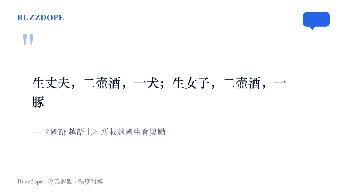 引言圖卡呈現《國語·越語上》記載越王勾踐以兩壺酒加一犬或一豚獎勵生育的原文