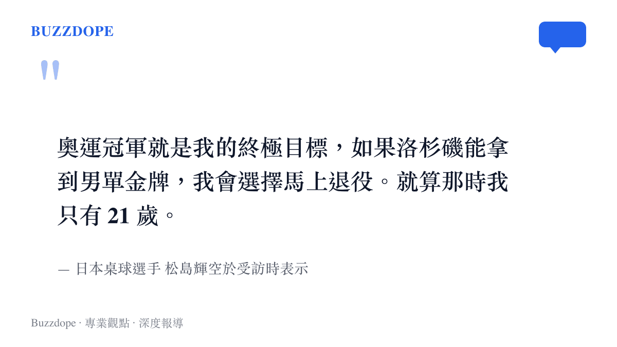 日本桌球小將松島輝空在採訪中直言，只要拿下洛杉磯奧運男單金牌，即使只有21歲也會立刻退役。