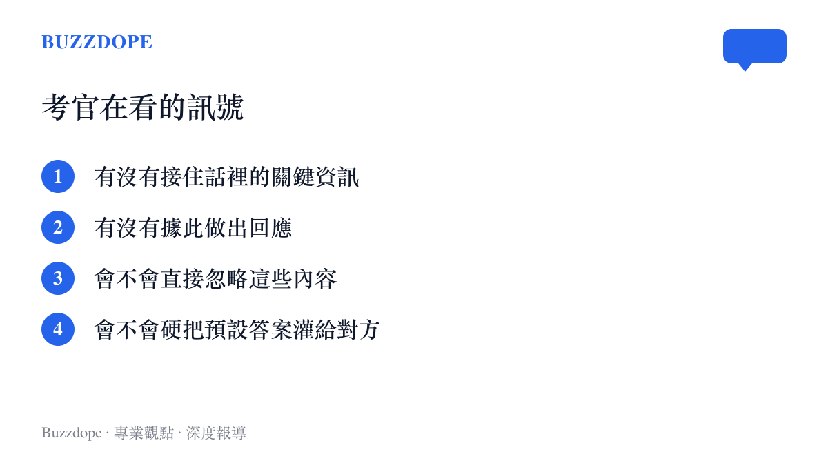 清單圖卡列出麥肯錫合夥人扎法爾在AI客戶對話環節觀察候選人的四個重點，從是否接住關鍵資訊到是否硬灌預設答案