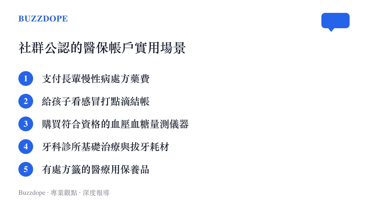 清單卡列舉網友在社羣平臺上分享的五種醫保個人帳戶最常見且最實用的消費場景