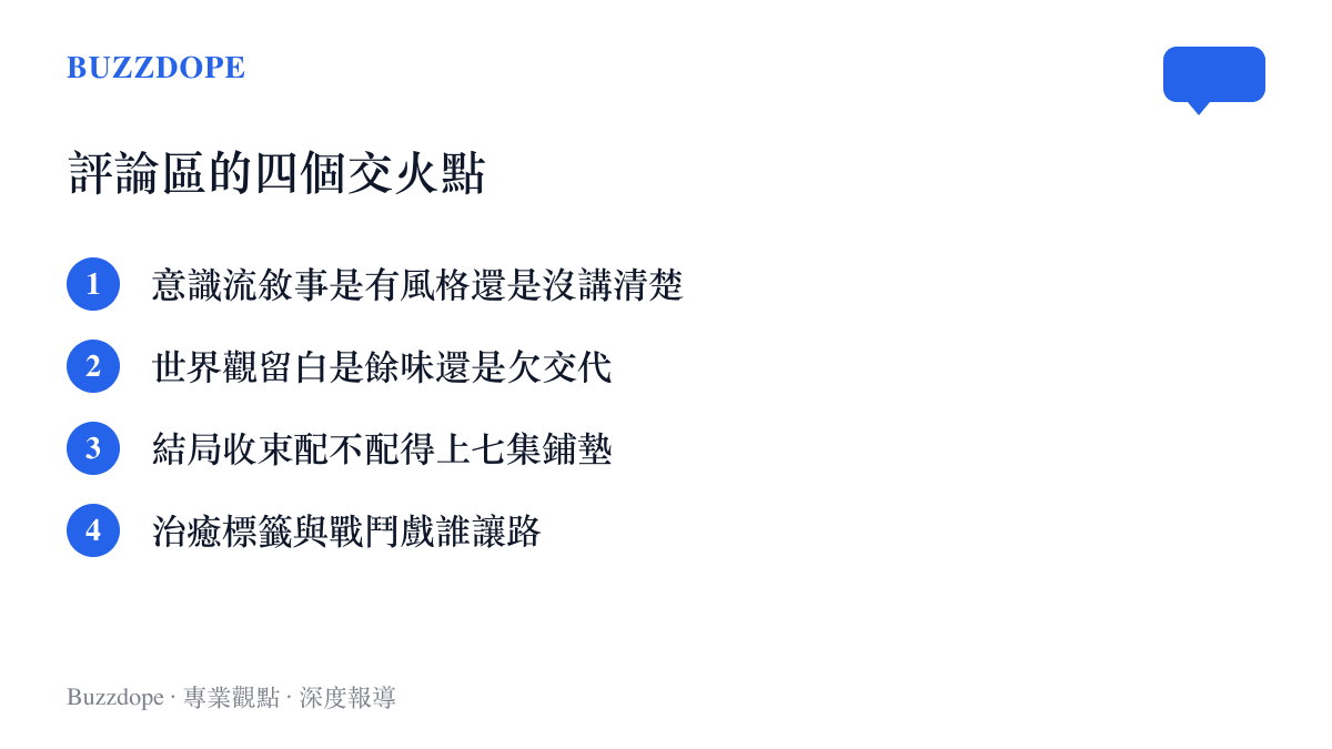 清單圖卡列出《記憶管理局》觀眾爭論的四個焦點：意識流敘事、世界觀留白、結局收束速度，以及治癒與戰鬥兩種期待的拉扯