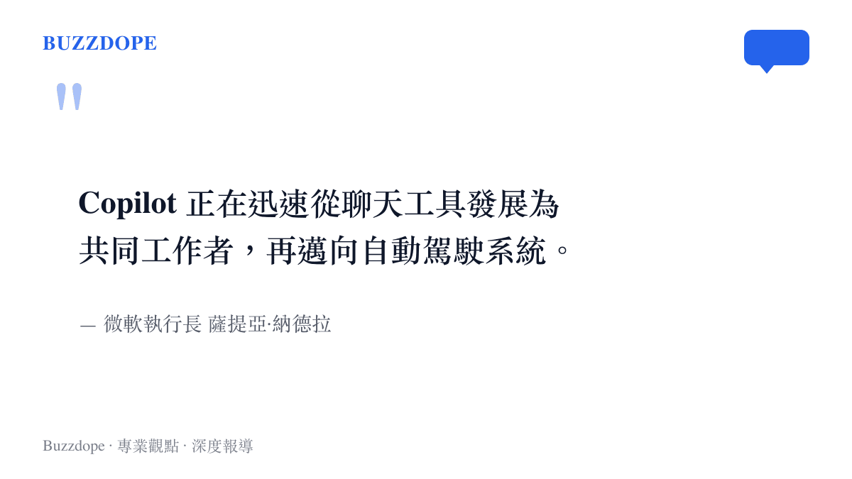 引述圖卡呈現微軟執行長薩提亞納德拉對於 Copilot 將從聊天工具演進為自主駕駛系統的公開宣示。