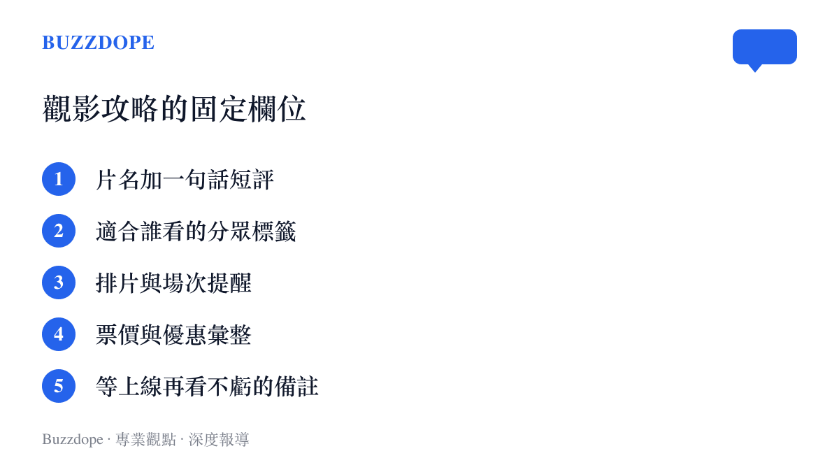 觀影攻略常見的五個欄位，從片名一句話短評、分眾標籤，到排片提醒、票價優惠與等串流上線的備註