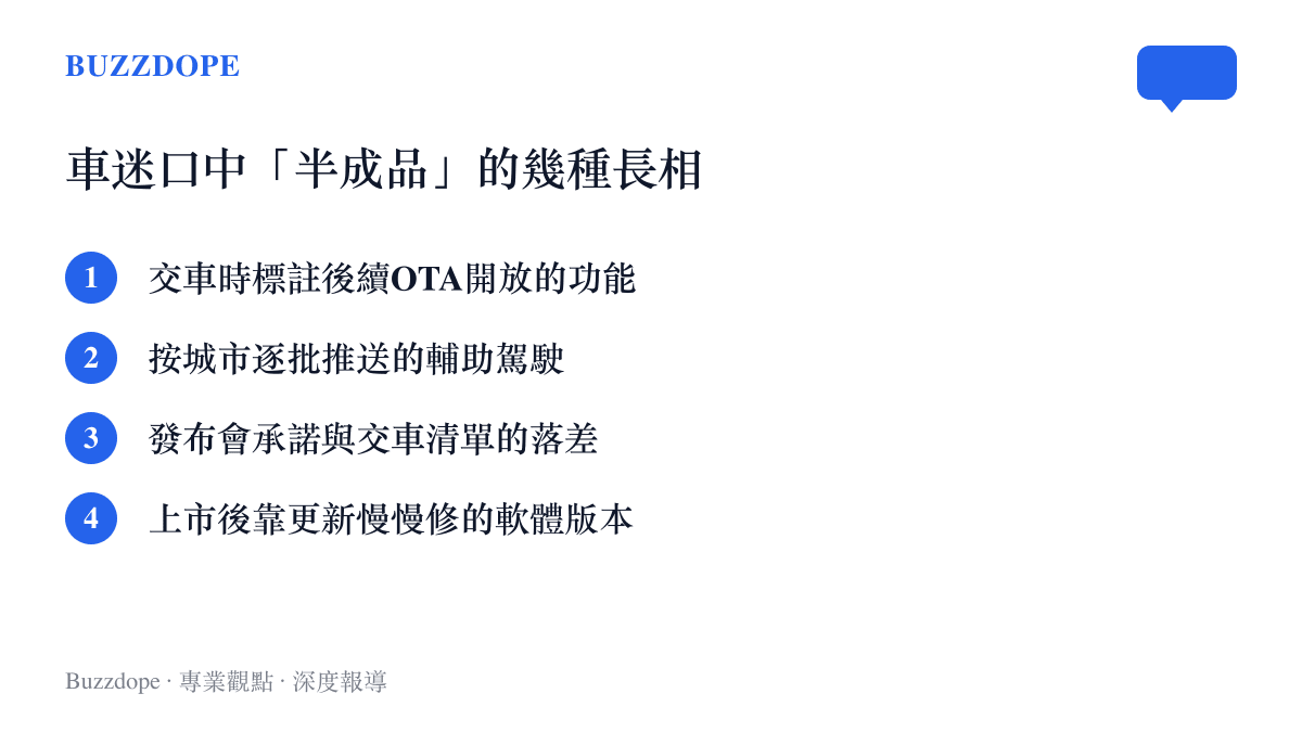 清單列出新車被車迷稱作半成品的四種樣貌，包括後續OTA才開放的功能、逐城推送的輔助駕駛、發布會承諾與實際交車的落差，以及上市後持續修補的軟體版本