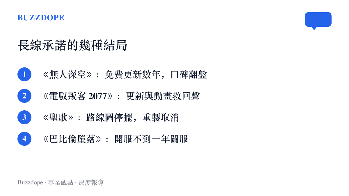 四款曾許下長線承諾的遊戲結局對照，《無人深空》與《電馭叛客 2077》靠更新翻盤，《聖歌》與《巴比倫墮落》提前收場