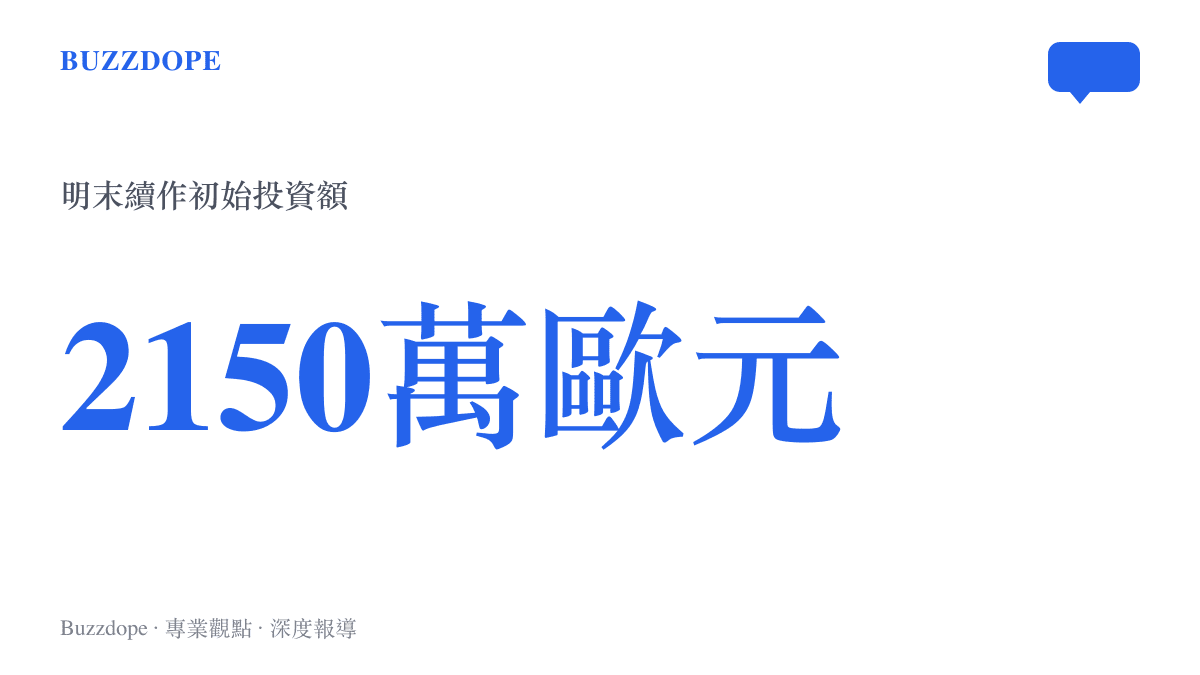 統計圖卡呈現《明末》續作獲得兩千一百五十萬歐元初始投資的資金規模與發行集團名稱