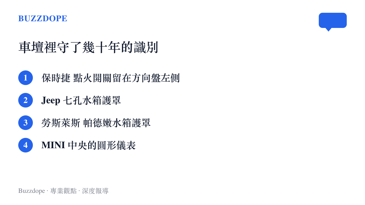 清單圖卡列出汽車品牌沿用數十年的識別細節，包含保時捷方向盤左側的點火開關、Jeep 七孔水箱護罩、勞斯萊斯帕德嫩護罩與 MINI 的圓形儀表