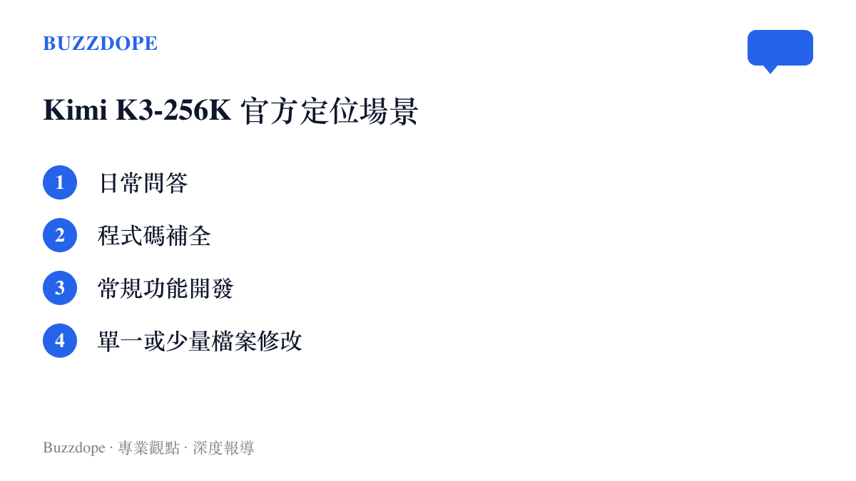 清單卡片列出 Kimi K3-256K 模型官方公佈的四大適用場景，包含日常問答與程式碼補全等輕量級開發需求。