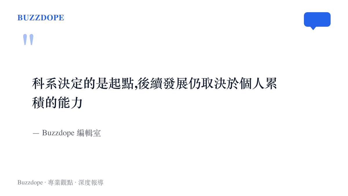 語錄卡片呈現「科系僅為職涯起點,後續發展取決於個人能力累積與調整方向」的觀點。