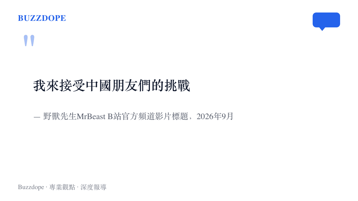 引言圖卡呈現野獸先生B站官方頻道影片標題「我來接受中國朋友們的挑戰」及其發布日期2026年9月14日
