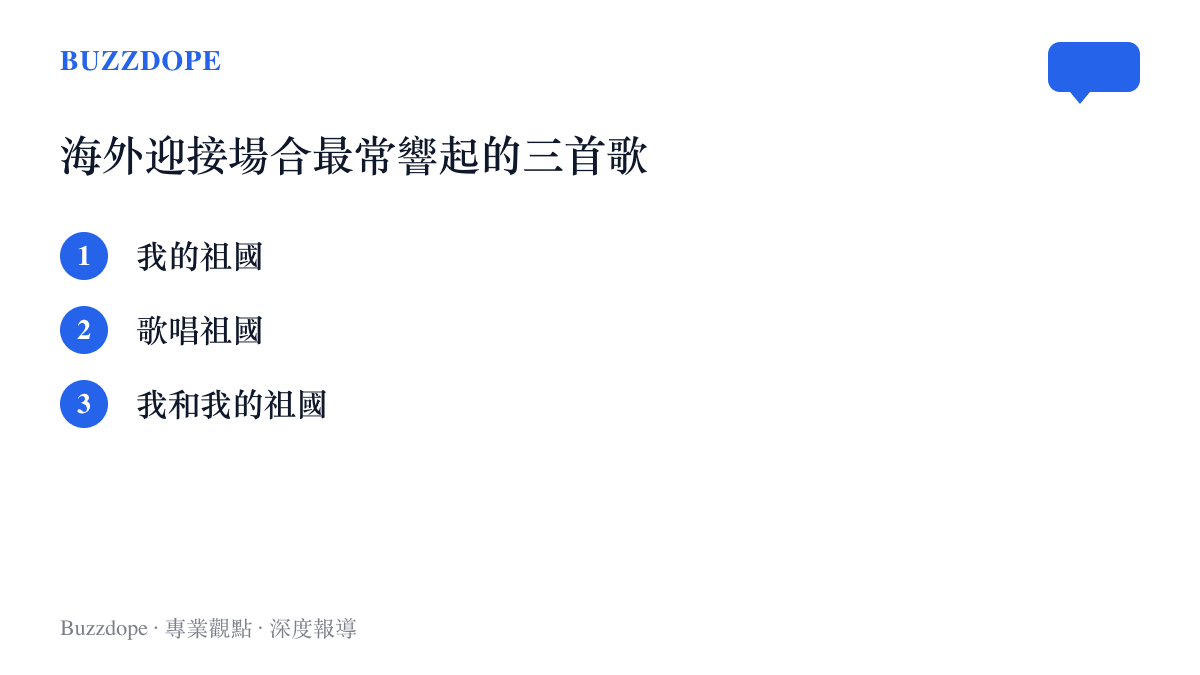清單圖卡列出海外華人迎接場合最常響起的三首歌：《我的祖國》、《歌唱祖國》與《我和我的祖國》