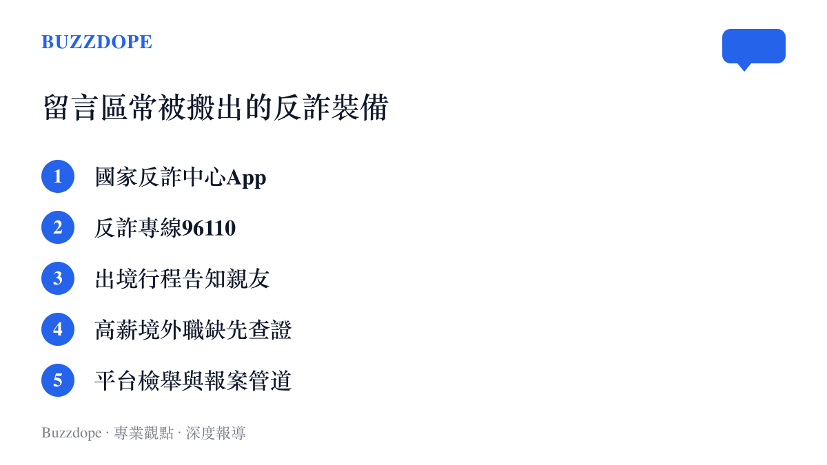 清單圖卡列出微博留言區最常被轉貼的五項反詐工具與提醒，包括國家反詐中心App與96110反詐專線