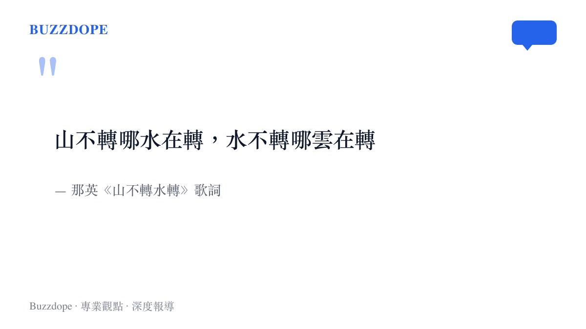 那英1990年成名曲《山不轉水轉》的歌詞節錄，寫著山不轉哪水在轉、水不轉哪雲在轉