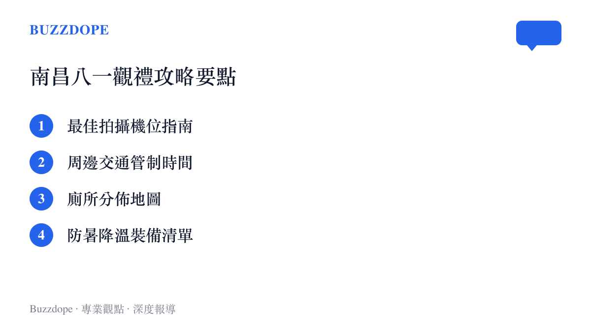 社羣平臺流傳的南昌八一廣場升旗儀式觀禮攻略，包含最佳拍攝機位、交通管制時間、廁所分佈與防暑裝備清單等五項要點
