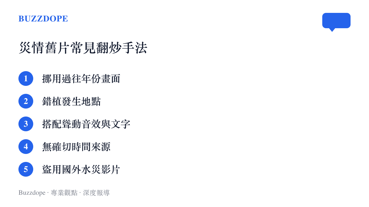 圖卡列舉網路常見的災情舊片移花接木手法，包含挪用過往畫面、錯植地點與搭配聳動文字等五項特徵。