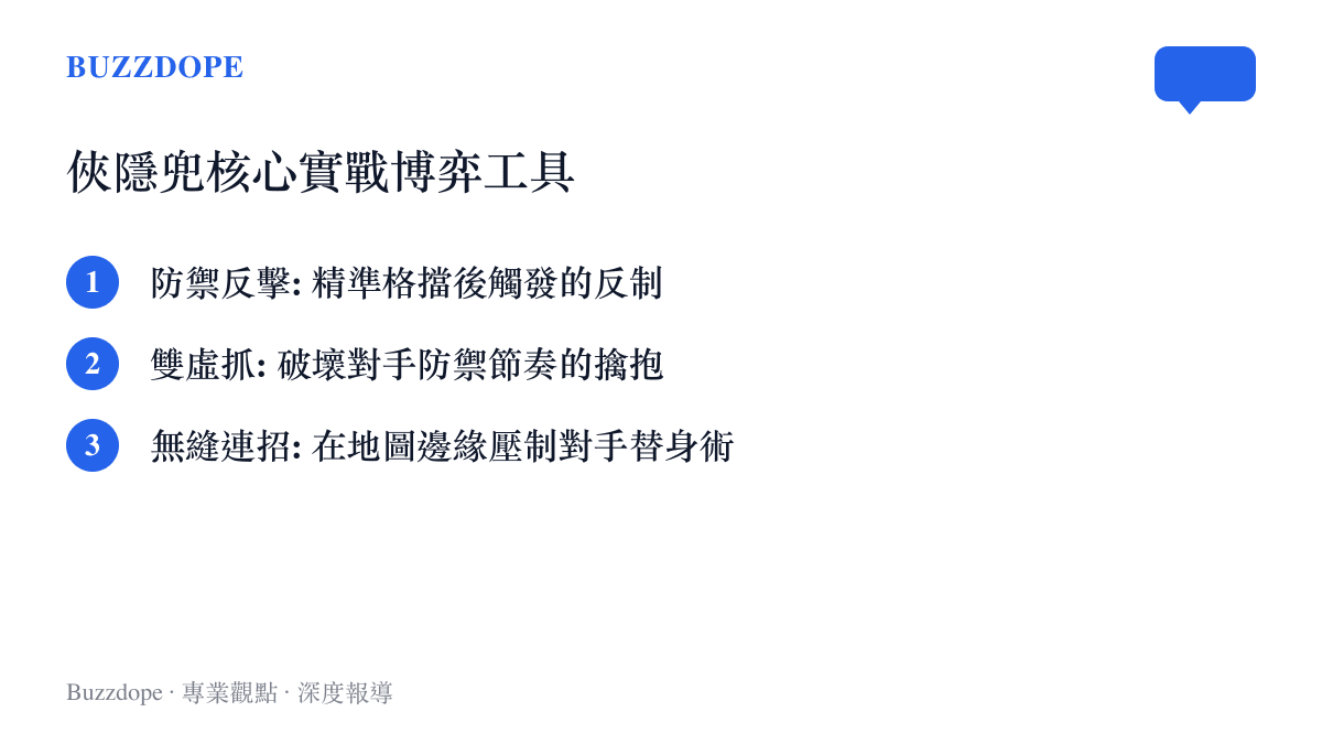 條列俠隱兜在遊戲中的三種核心實戰機制：防禦反擊、雙虛抓與無縫連招