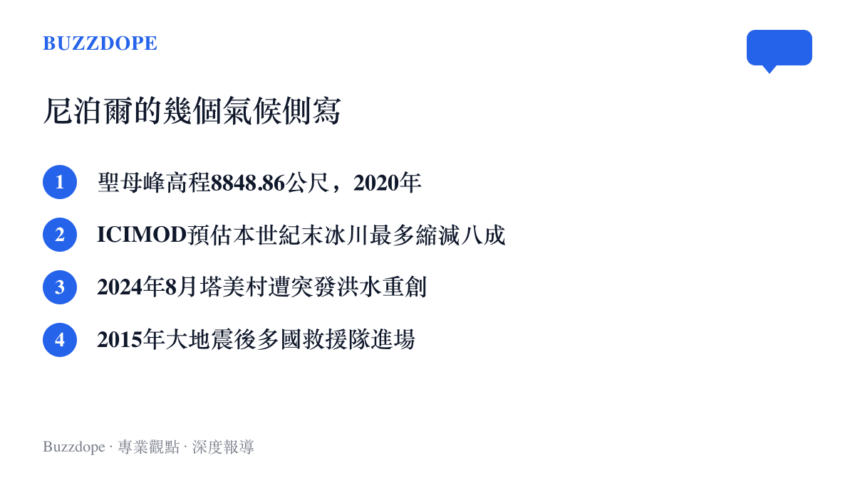 整理尼泊爾氣候處境的清單，包含聖母峯官方高程、冰川縮減預估、塔美村洪水與2015年地震後的國際救援