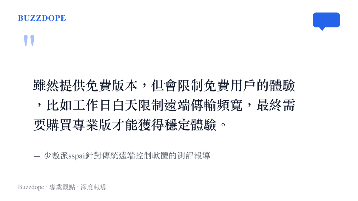 引述圖卡呈現少數派sspai測評報導中對傳統遠端軟體限制免費版頻寬的觀察