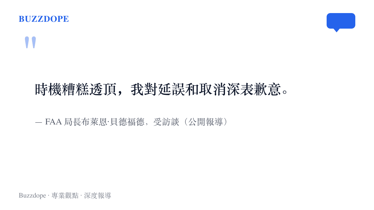 引言圖卡呈現FAA局長貝德福德的道歉談話，他稱時機糟糕透頂、對延誤與取消深表歉意，並強調安全是首要任務