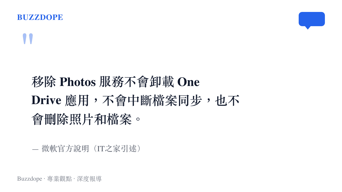 微軟官方說明指出，獨立移除 Photos 服務不會影響 OneDrive 應用本體與檔案同步，也不會刪除任何照片與檔案