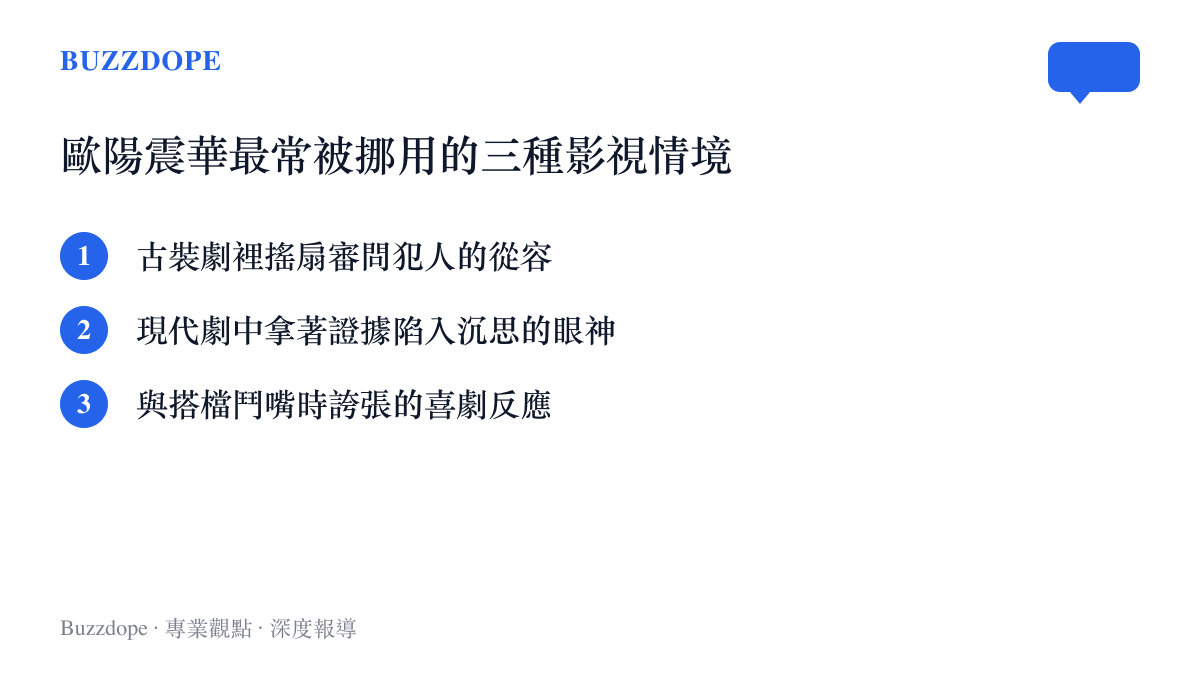 這張清單圖卡列舉了歐陽震華在古裝審問、現代法證與日常鬥嘴三種最常被網友用於迷因創作的影視畫面情境。