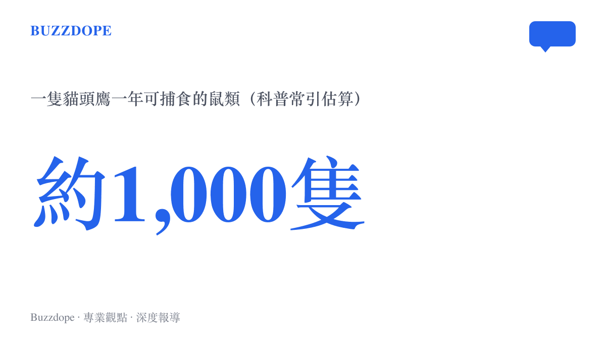 統計圖卡呈現科普資料常引用的估算數字，一隻貓頭鷹一年約可捕食上千隻鼠類，說明其滅鼠貢獻